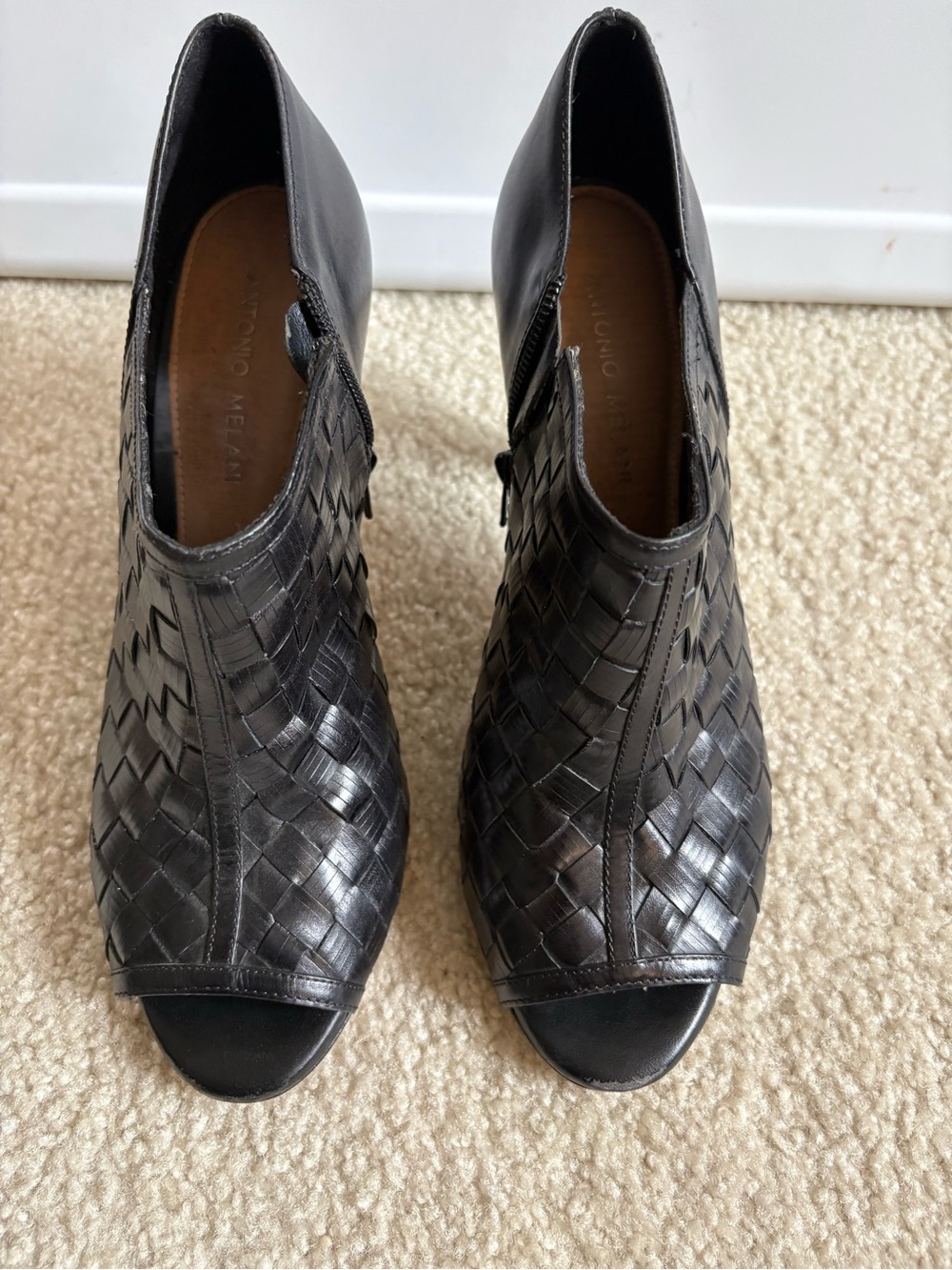 ANTONIO MELANI Black Woven Leather Peep-Toe Mules